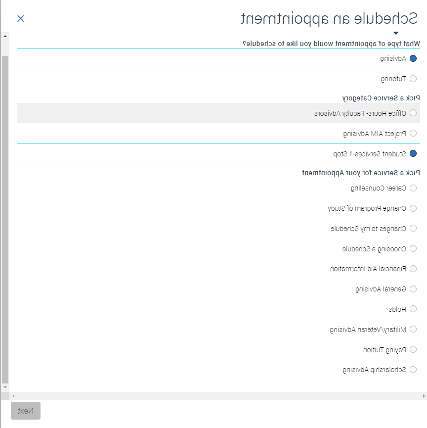 1 stop EAB screenshot - 1 stop advising option selected with service options shown