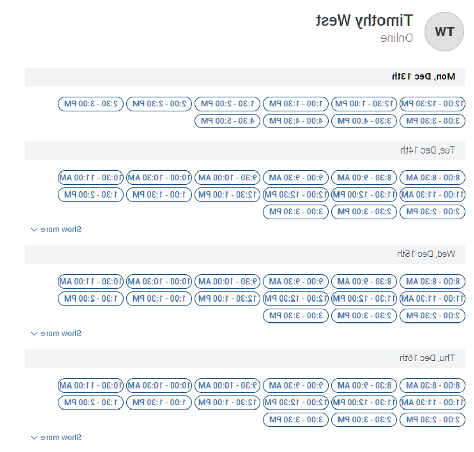 EAB NAvigate time slot selection - Showing advisor Timothy West's availablity on December 13